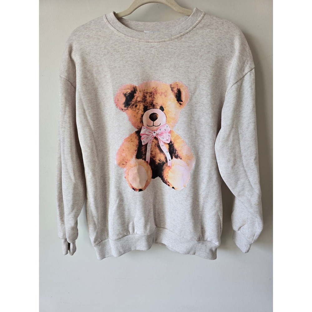 Refuge Athletics Womens XS Oatmeal Teddy Bear Graphic Rhinestone Bow Sweatshirt